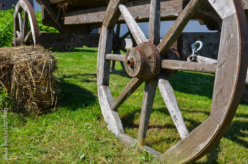 a wooden cart and hay on a green field, and a blue sky