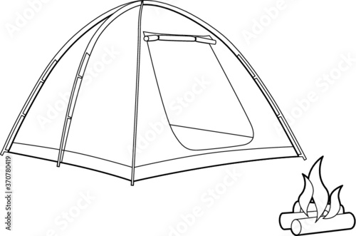 A line art vector illustration of a camping tent and campfire