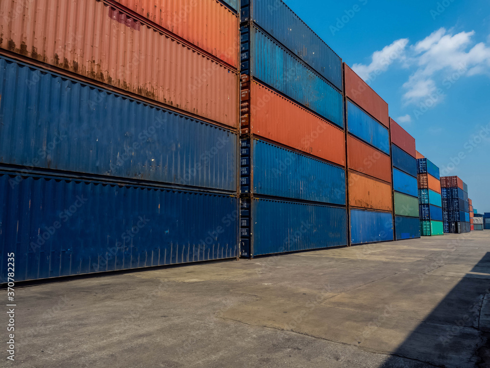 Fototapeta premium Cargo have forklift container full blue and red color copy space import export shipping logistics industry business commercial economic trade down effect corona virus disease crisis 