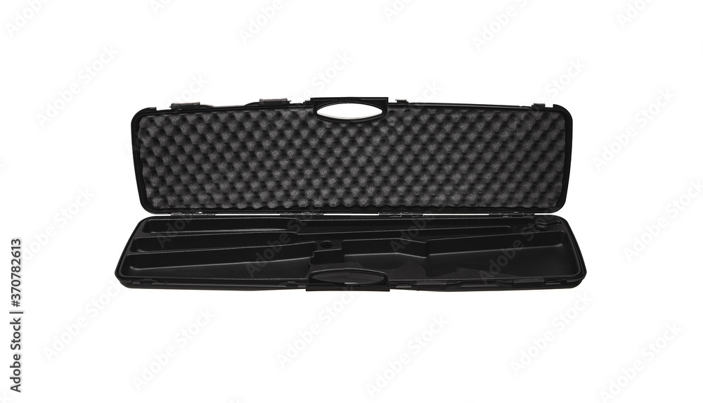 Black plastic hard case for transporting and storing weapons. Gun container isolate on a white background. Black plastic hard case for transporting and storing weapons. Gun container isolate on a white background.