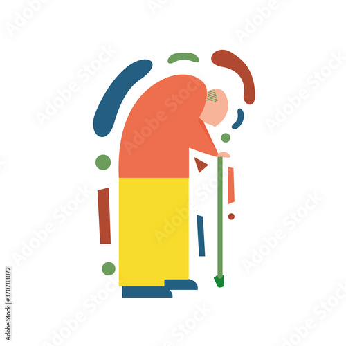 Hand drawn elderly man leans on a walking stick.  Grandfather in bright clothes barely moves. Problems with the knee joints in an adult. Vector illustration. All elements are isolated.