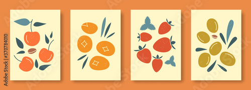 Abstract still life in pastel colors vector illustration. Collection of contemporary art. Vector set of berries cherries, sea buckthorn, strawberries, olives for social media, posters, postcards.