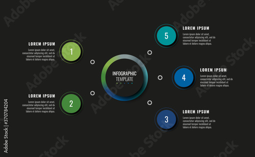 Modern infographic template with five round realistic elements on a black background. Horizontal business progress visualisation with options and descriptions. Vector illustration eps10