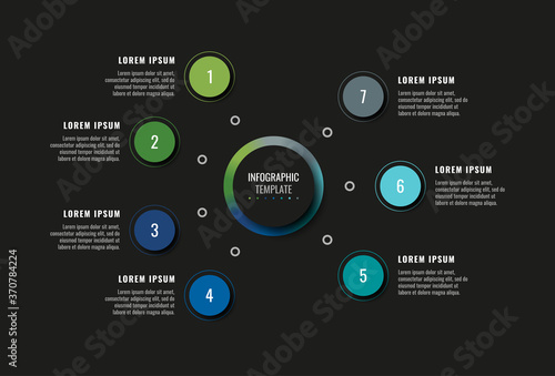Modern infographic template with seven round realistic elements on a black background. Horizontal business progress visualisation with options and descriptions. Vector illustration eps10