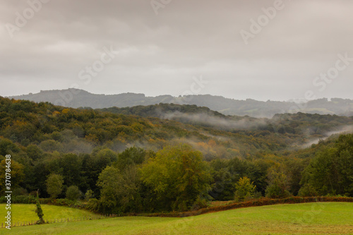Autumn landscape in the mountains. Green and yellow foliage on autumn forest. Scenic valley and hills. Foggy day in mountains. Meadow and mountains in autumn. Cloudy day in valley. 