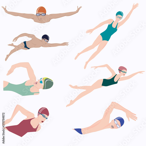 Swimmers - set of seven figures - isolated on white background - vector. Water sport