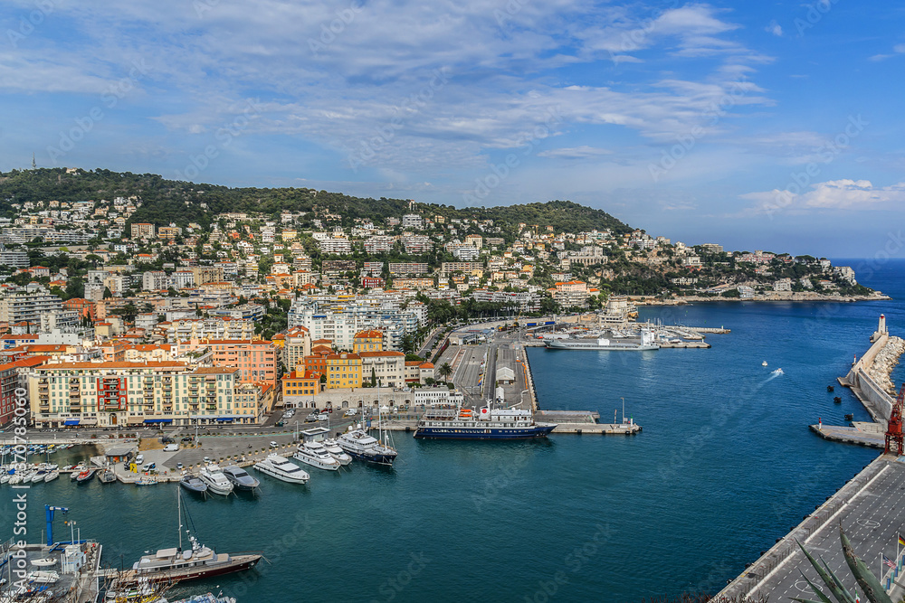 Wonderful panoramic view of Nice with colorful historical houses. Nice - luxury resort of Cote d'Azur, France.