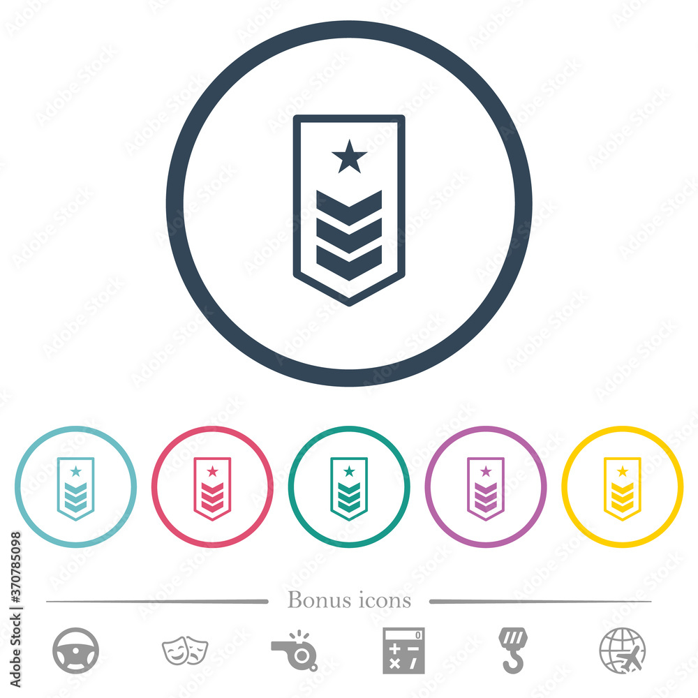 Military insignia with three chevrons and one star flat color icons in round outlines Military insignia with three chevrons and one star flat color icons in round outlines
