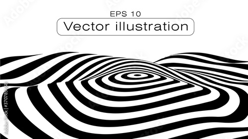 Optical illusion wave. Abstract 3d black and white illusions. Horizontal lines stripes pattern or background with wavy distortion effect. EPS 10. Vector illustration.