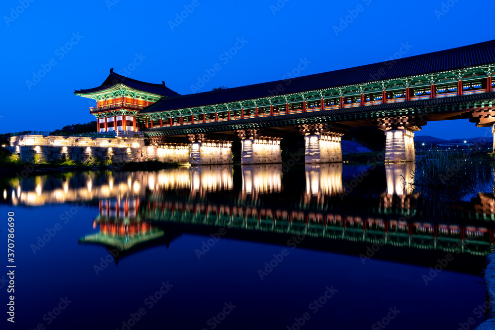 Fototapeta premium Traditional Korean style architecture, WaljungGyo Bridge, in Gyeongju city, South Korea, April 2020