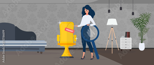 Girl shows on a vacant place. Gold cup in the shape of an office chair. The concept of open work. Suitable for registration on the topic of job search and workers. Vector.