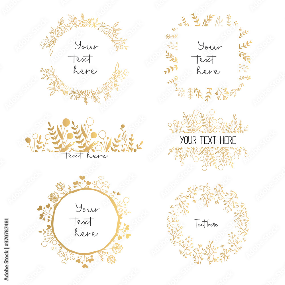 Hand Drawn Golden Floral Set. Gold Wreaths, herbs, and floral borders. Floral Templates for text, logos, scrapbooking, web banners, wedding invitation cards, etc. 