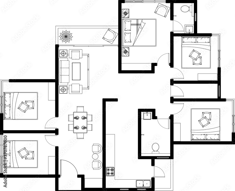 2D CAD layout plan drawing of a luxury condominium with a few numbers of bedrooms complete with two bathrooms, kitchen and living room. Drawing produced in black and white. 2D CAD layout plan drawing of a luxury condominium with a few numbers of bedrooms complete with two bathrooms, kitchen and living room. Drawing produced in black and white.