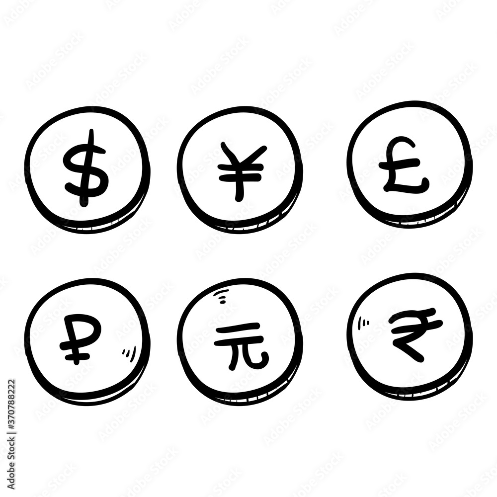 Set of hand drawn the most popular currency symbol. Dollar, euro, yen, yuan, pound, rupee, ruble signs doodle vector