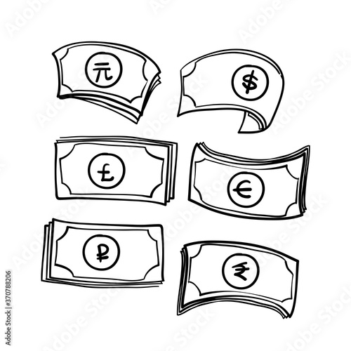 Set of hand drawn the most popular currency symbol. Dollar, euro, yen, yuan, pound, rupee, ruble signs doodle vector