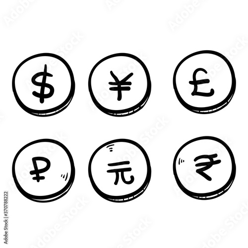 Set of hand drawn the most popular currency symbol. Dollar, euro, yen, yuan, pound, rupee, ruble signs doodle vector