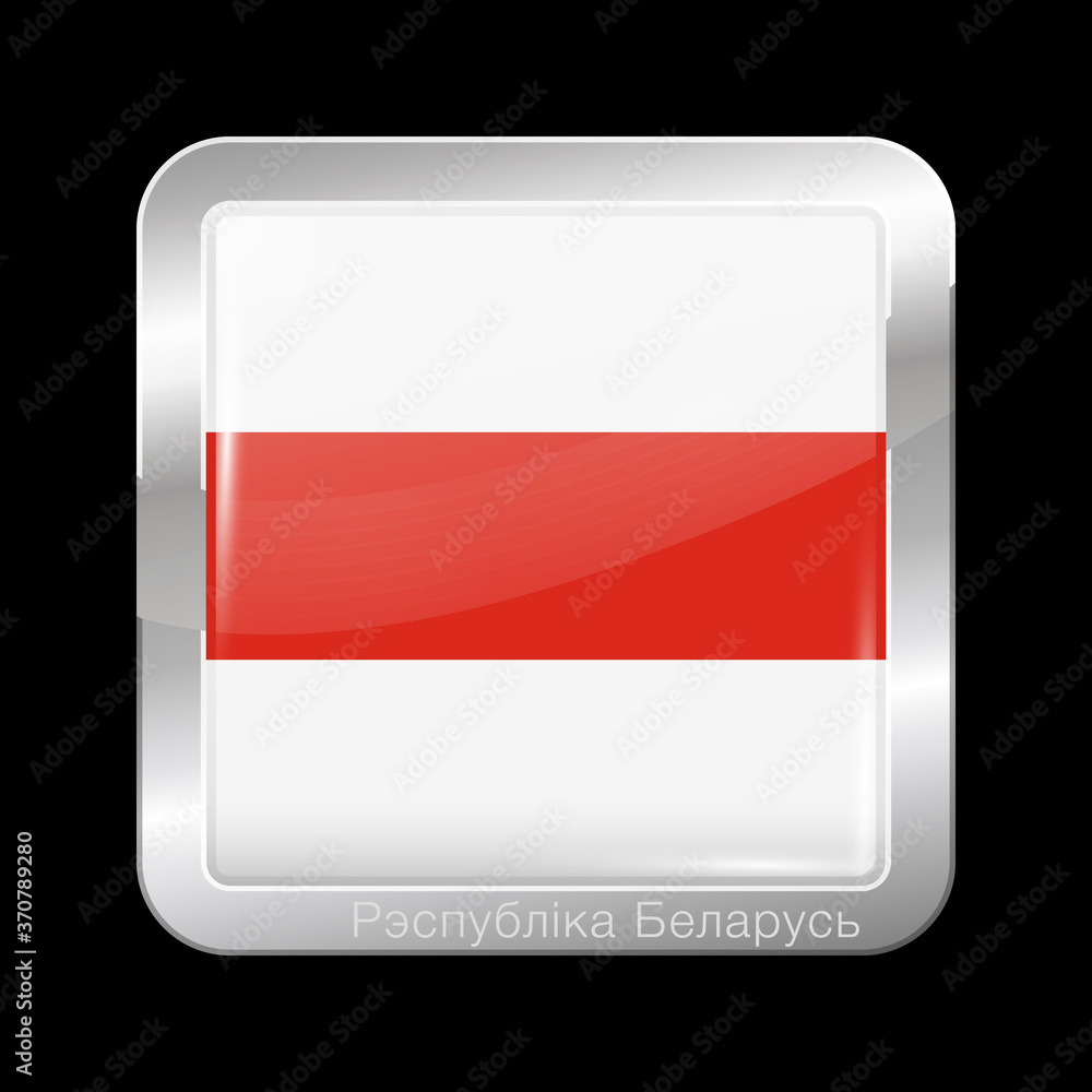Belarus. Historical White-Red-White Flagwith Country Name Written in Belarusian. Glossy and Metal Icon Square Shape. Button Belarus. Historical White-Red-White Flagwith Country Name Written in Belarusian. Glossy and Metal Icon Square Shape. Button