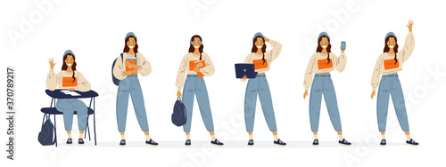 A student sits at a desk in a lesson. Standing schoolgirl with a backpack and laptop, a set of different poses. Female character in flat style, back to school. Vector illustration isolated on white