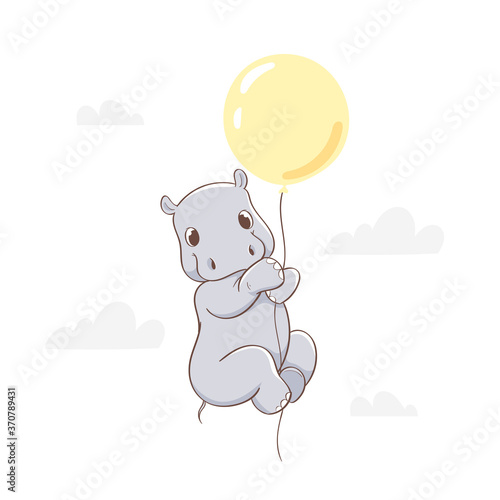 Cute little hippo character flying on balloon hand drawn vector illustration. Can be used for t-shirt print, kids wear, fashion design, baby shower invitation card, poster, birthday, nursery