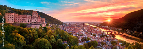 Magnificent aerial panoramic view of Heidelberg, Germany, at a spectacular sunset with dreamy colors