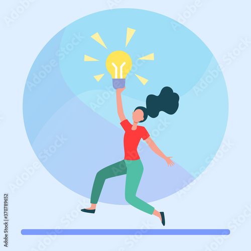Girl having brilliant idea. Woman holding shining lightbulb and dancing flat vector illustration. Inspiration  finding  discovery concept for banner  website design or landing web page
