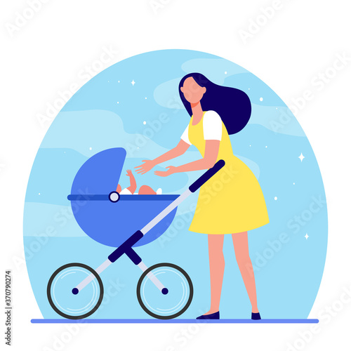 New mom walking with stroller. Mother reaching hands to baby in pram flat vector illustration. Love, motherhood, childcare concept for banner, website design or landing web page