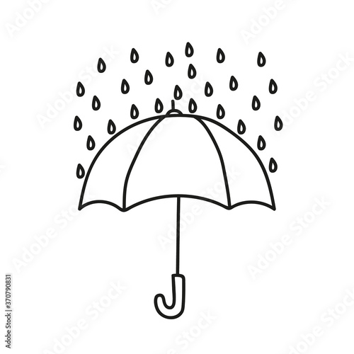Vector doodle umbrella protecting against raindrops. Isolated on white background.