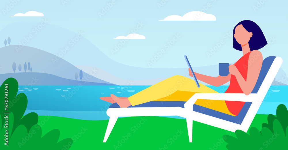 Woman sitting on beach chair by lake. Drinking coffee, using tablet, working outdoors flat vector illustration. Freelance, communication concept for banner, website design or landing web page