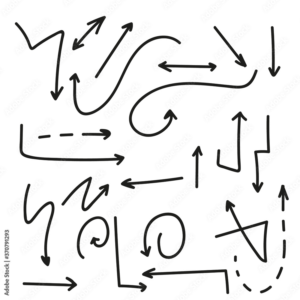 Set of vector arrows hand drawn. Sketch style. Collection of pointers isolated Set of vector arrows hand drawn. Sketch style. Collection of pointers isolated