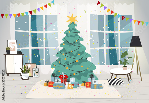 Living room interior decorated for the Christmas holiday. Christmas tree with gifts inside the house, modern interior with furniture and a window. Flat vector illustration