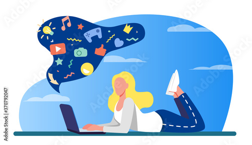 Girl suffering from internet addiction. Woman using laptop, bubble with social media signs messy flat vector illustration. Online communication concept for banner, website design or landing web page