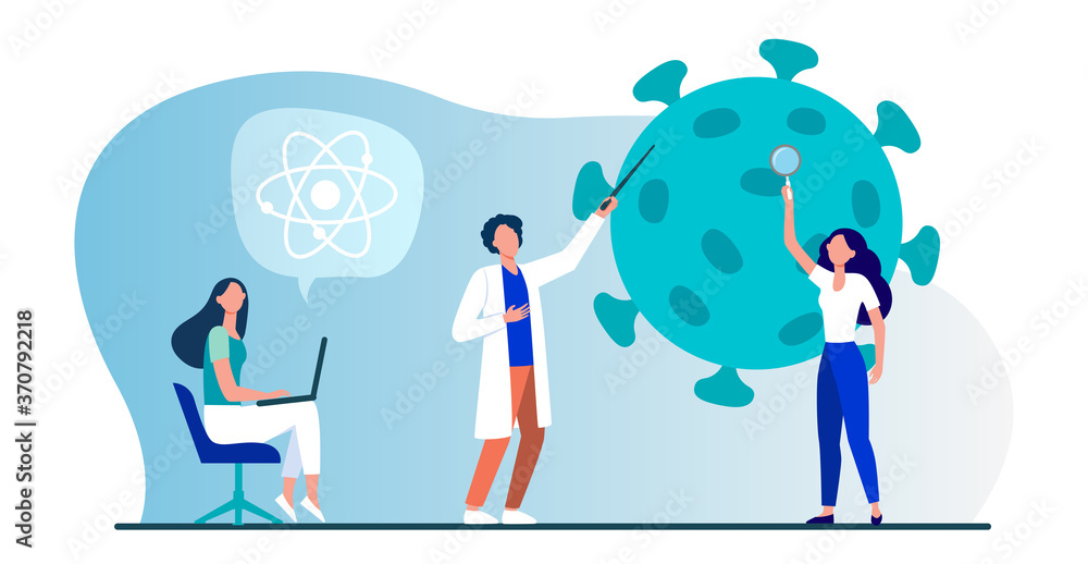 Scientists studying coronavirus. Team of experts doing medical research flat vector illustration. Virus, pandemic, science concept for banner, website design or landing web page Scientists studying coronavirus. Team of experts doing medical research flat vector illustration. Virus, pandemic, science concept for banner, website design or landing web page