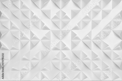 3D illustration, canvas consisting of white-gray structured arranged geometric cut-off pyramids, squeezed out of paper, turned in different directions. Modern origami background for graphic design photo