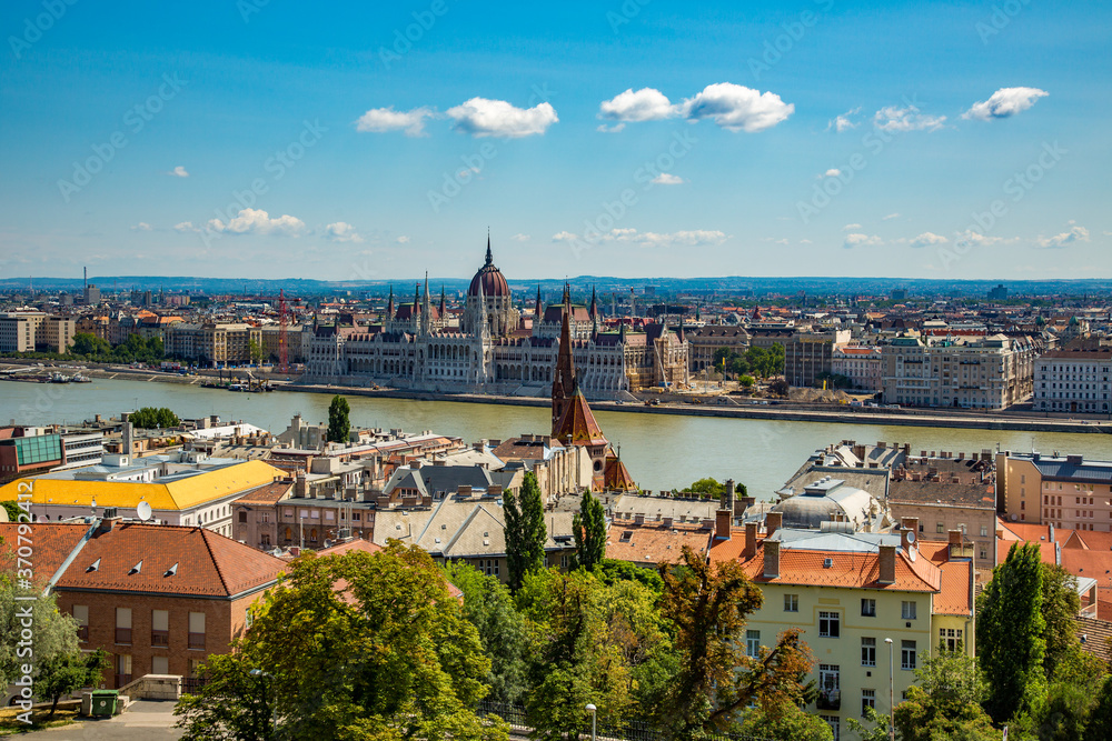 A high angle view of the Danube river and the city of budapst Humgary