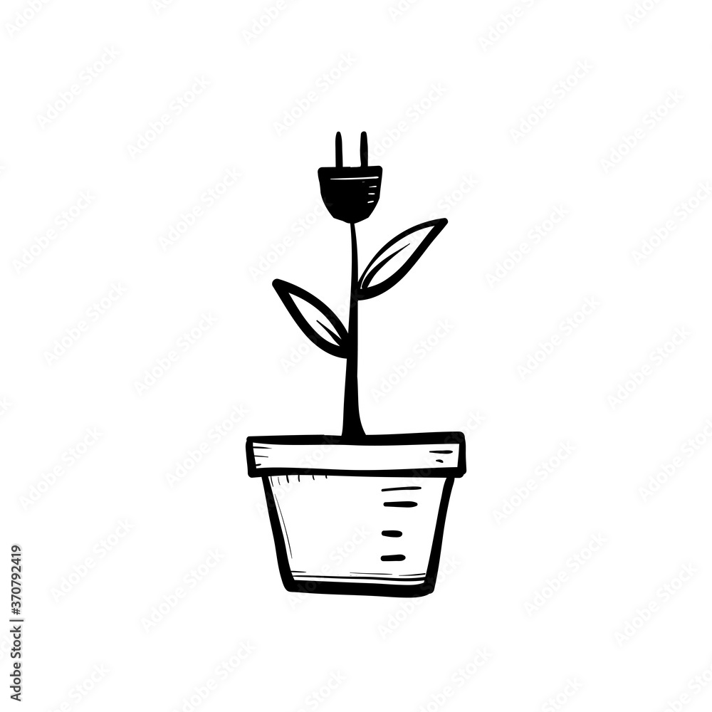 hand drawn Green energy electricity, electric plug icon sign with cord plant leaves doodle hand drawn Green energy electricity, electric plug icon sign with cord plant leaves doodle
