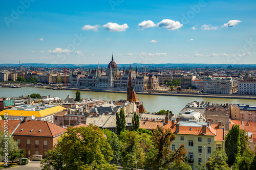 A high angle view of the Danube river and the city of budapst Humgary