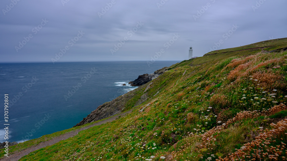 Overcast skies and drizzle at Trevose Head Light House, Cornwall, UK