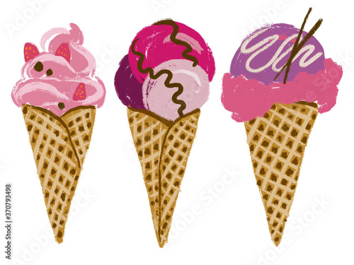 Three pink and purple ice cream cones. Clip art set isolated on white