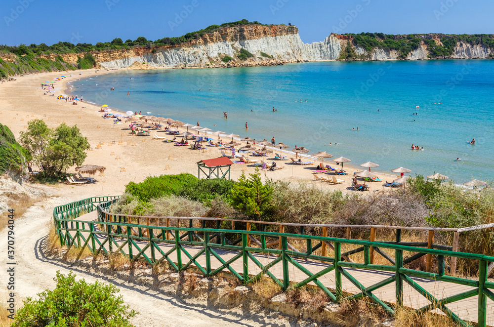 Naklejka premium Picturesque sandy Gerakas beach - a breeding site of the caretta sea turtles, situated on Vassilikos peninsula of Zakynthos island on Ionian Sea, Greece.
