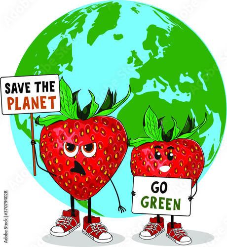 Strawberry characters with placards and posters on strike for climate change. Fruits holding in his hand poster with text save the planet and go green. Copy space. Template for any proecological  text