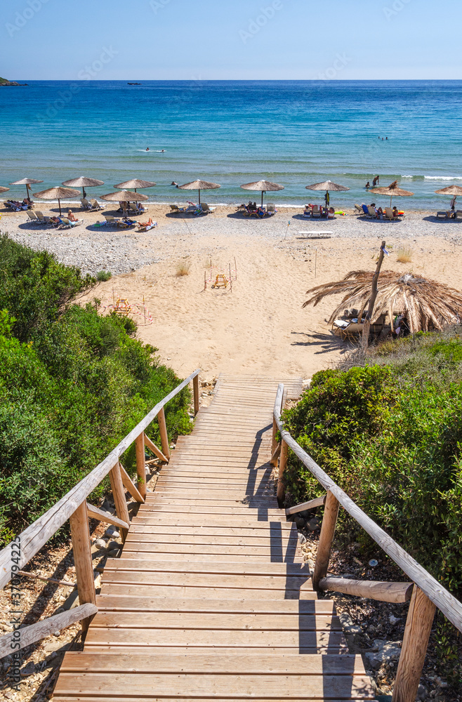 Fototapeta premium Picturesque sandy Gerakas beach - a breeding site of the caretta sea turtles, situated on Vassilikos peninsula of Zakynthos island on Ionian Sea, Greece.