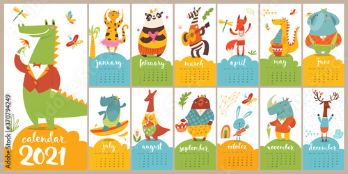 Modern style cartoon vector 2021 calendar with funny cartoon wild animals