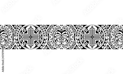 Maori polynesian tattoo border tribal sleeve seamless pattern vector with sun face. Samoan bracelet tattoo design fore arm or foot. Armband tattoo tribal.