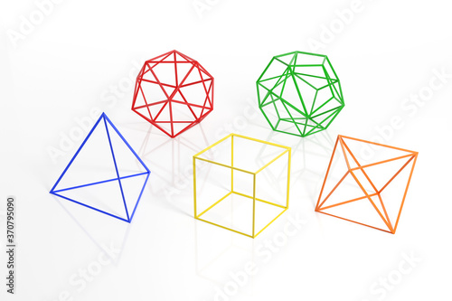 Wireframe of platonic solids. Tetrahedron, hexahedron, octahedron, dodecahedron and icosahedron of different colors isolated on a white background. 3d illustration. photo