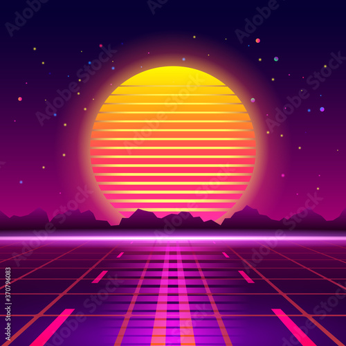 3D illustration Futuristic perspective grid on the background of the cosmic starry sky and science fiction.