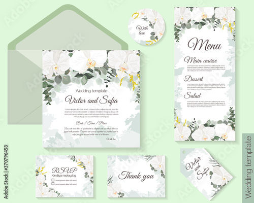 Vector floral template for wedding invitations. Orchid flowers, round gold frame, green plants, leaves. All elements are isolated. Invitation card, thanks, rsvp, menu.