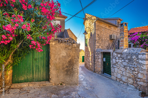 Street of Primosten town, a popular tourist destination on the Dalmatian coast of Adriatic sea in Croatia, Europe.