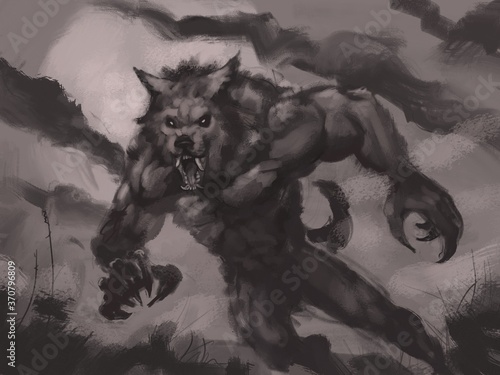 Фотография Digital illustration of terrifying werewolf creature diving at the camera under