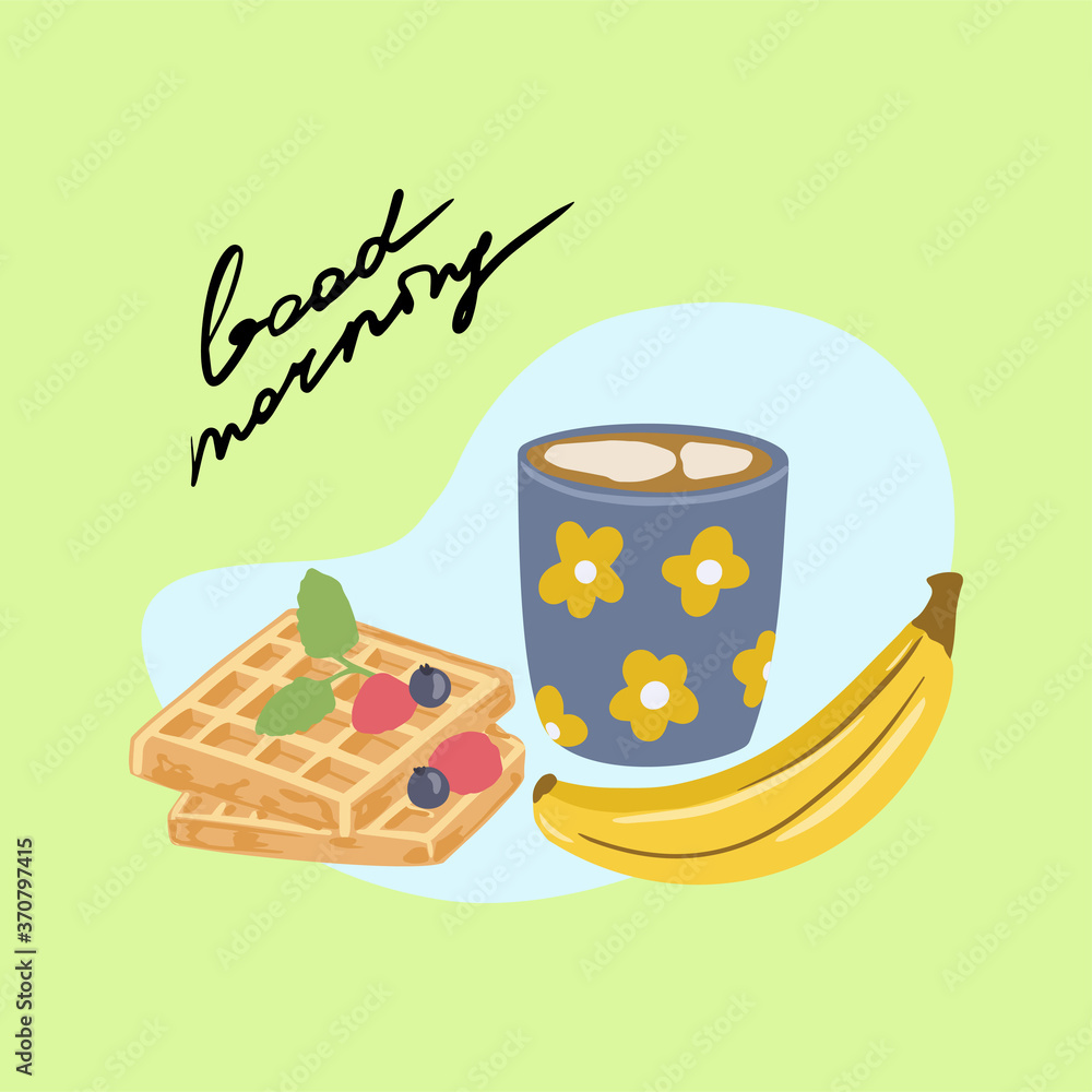 Composition with cup of cocoa, banana and waffles with berry