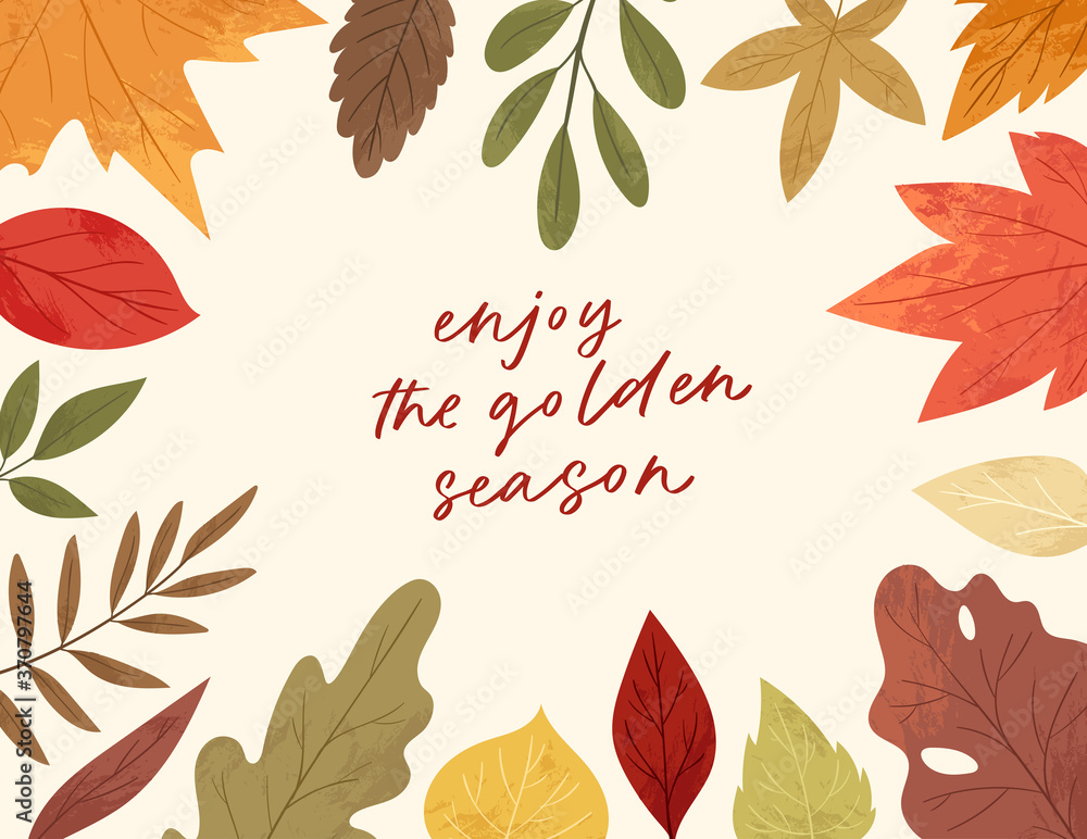 Botanical collection. Fall season greeting card, poster of hand drawn colorful fallen leaves, twigs, berries, forest mushrooms, tree branches. Cartoon textured vector illustration with autumn quote Botanical collection. Fall season greeting card, poster of hand drawn colorful fallen leaves, twigs, berries, forest mushrooms, tree branches. Cartoon textured vector illustration with autumn quote